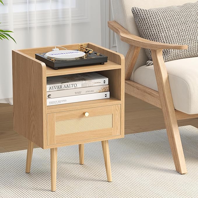 Night stand Set of 2, Bedside Tables with Charging Station, Rattan End Tables, Boho Bed Side Tables, Wood Nightstands set of 2 for Kids' Room Farmhouse Bedroom Living Room Dorm Sofa Couch (Natural)