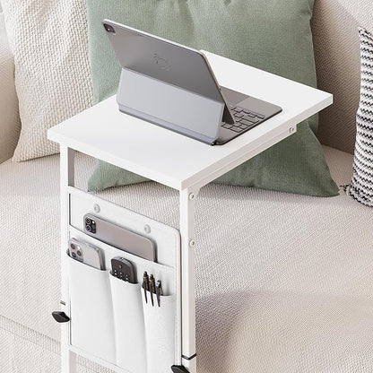Vagusicc C Shaped End Table, 33" Tall Side Table for Couch, Adjustable Height Recliner Table Small Couch Side Tables, Sofa Tables Slide Under Sofa TV Tray Arm C Table for Living Room, Bedroom, White