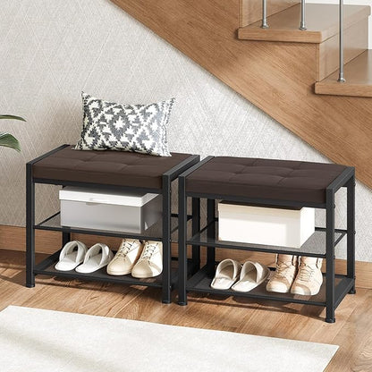 HOOBRO Small Shoe Bench, 3-Tier Shoe Rack, Shoe Storage Bench with PU Seat Cushion, Entryway Shoe Rack Bench with Metal Mesh Shelves, Freestanding Shoe Organizer for Hallway, Brown CB33HX01