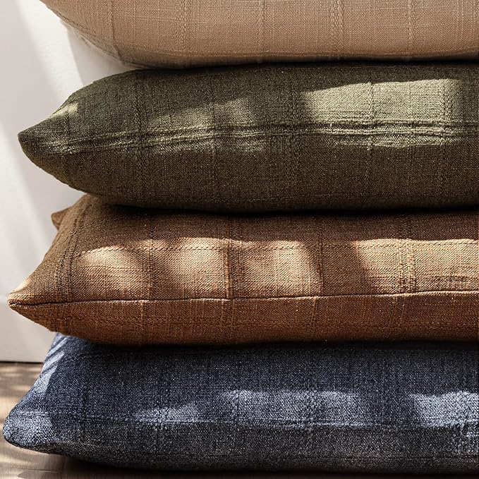 Foindtower Set of 2 Decorative Linen Check Throw Pillow Covers Neutral Farmhouse Lumbar Cushion Covers Modern Boho Home Decor for Sofa Chair Couch Bedroom Living Room Outdoor,12×20 Inch,Navy Blue