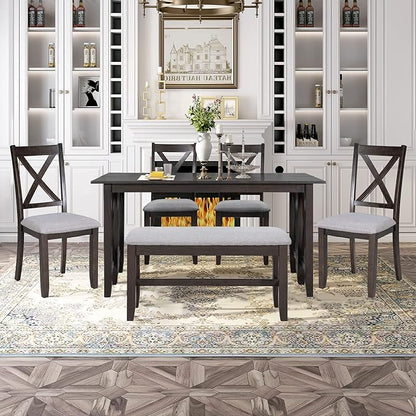 Ball & Cast 6-Piece Dining Table Set, 60" Wood Dining Kitchen Table & Chairs Set, Rectangular Dining Room Foldable Table with 4 Upholstered Chairs & 1 Bench,Perfect for Dining Room, Kitchen, Espresso