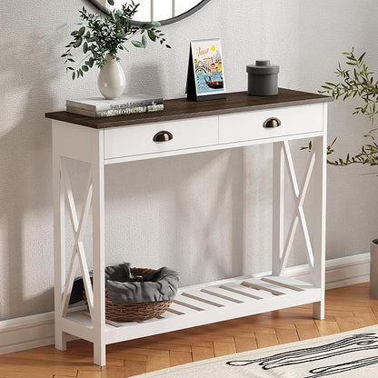 ChooChoo Farmhouse Console Table with Drawer for Entryway, Narrow Long Entry Table with Shelf for Living Room, Rustic Vintage Hallway Sofa Table with Stable X Supports, 40 White