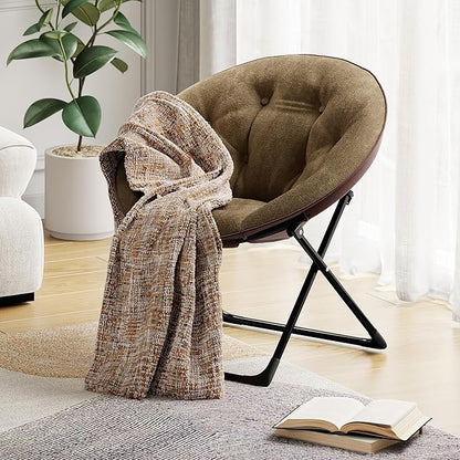 Saucer Chair, XL Foldable Lounge Chair for Bedroom/Dorm, Plush Comfy Seat with Non-Slip Base for Teens & Adults, Faux Fur Accent Chair, Brown