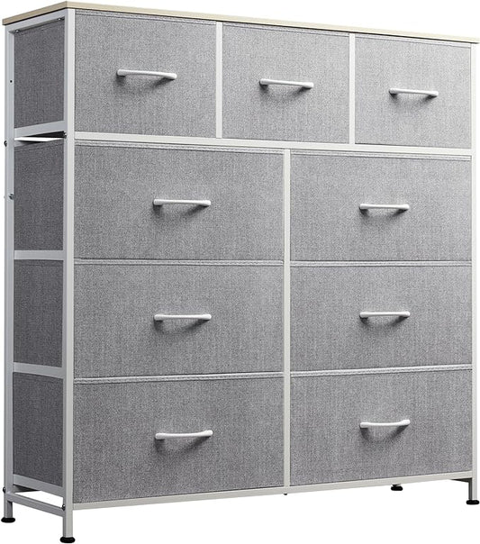 WLIVE 9-Drawer Dresser, Fabric Storage Tower for Bedroom, Hallway, Entryway, Closet, Tall Chest Organizer Unit with Fabric Bins, Steel Frame, Wood Top, Easy Pull Handle, Light Grey