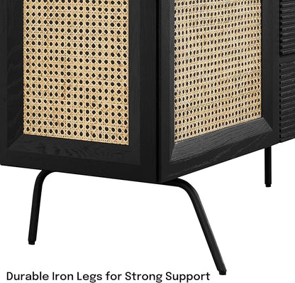 NTC MOSSIC Sideboard with 2 Doors and 3 Drawers, Buffet Cabinet with Natural Rattan and Metal Legs, Modern Storage Cabinet for Living Room, and Hallway, Effortless Assembly - Burnt Black