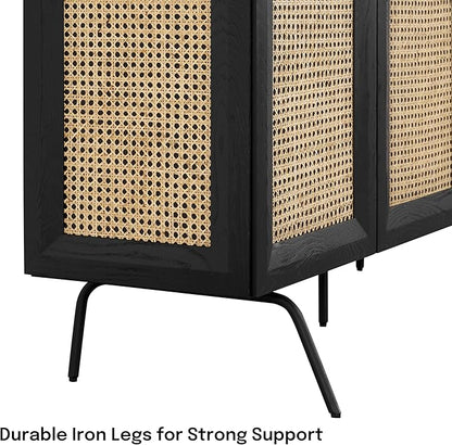 NTC MOSSIC Modern Sideboard with 4 Doors, Natural Rattan Storage Cabinet, Buffet with Metal Legs, Boho Accent Cabinet for Living Room, and Entryway, Effortless Assembly - Burnt Black