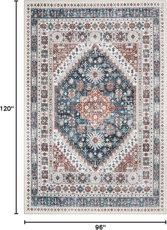 zesthome 8x10 Area Rugs for Living Room,Non-Slip Backing Washable Rugs,Vintage Large Area Rug，Stain Resistant Home Decor Rug (Navy Blue/Red,8'x10')