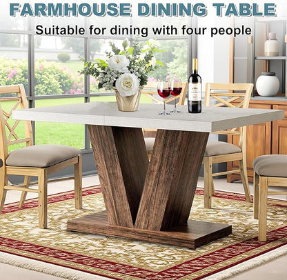 Dining Table for 4-6, 47" Farmhouse Dinner Table with with Wooden Tabletop and Heavy Duty Pedestal Wooden Rectangular Kitchen Tables for Dining Room, Kitchen, Living Room, White & Brown