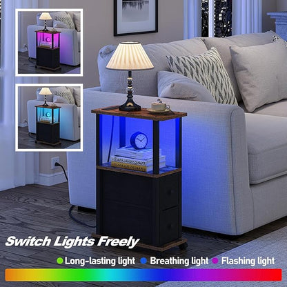 TUTOTAK Small Narrow End Tables, LED Side Tables with 2 Fabric Drawers, Set of 2, Bedside Tables with Charging Station for Small Spaces, Slim Nightstands with USB Ports and Wheels, TB01BB053L