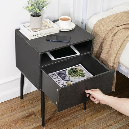 VECELO 2-Tier Nightstands Bedside Table with Storage Drawer and Open Wood Shelf, End Table for Living Room, Bedroom and Small Spaces, Night Stand with Metal Legs, Easy Assembly