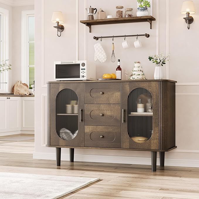GarveeHome 47.2" Sideboard Buffet Cabinet with 2 Fluted Glass Doors & 3 Drawers, Modern Farmhouse Accent Coffee Bar with Adjustable Shelves for Kitchen, Living Room, Hallway, Walnut