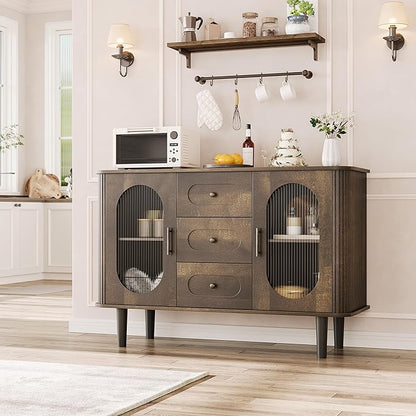 GarveeHome 47.2" Sideboard Buffet Cabinet with 2 Fluted Glass Doors & 3 Drawers, Modern Farmhouse Accent Coffee Bar with Adjustable Shelves for Kitchen, Living Room, Hallway, Walnut