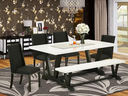 East West Furniture V627FL624-6 6 Piece Dining Room Table Set Contains a Rectangle Kitchen Table with V-Legs and 4 Black Linen Fabric Parson Chairs with a Bench, 40x72 Inch, Multi-Color