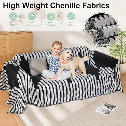 Boho Sofa Cover, Couch Covers for 3 Cushion Couch Sofa Pet Friendly, Sofa Cover Washable, Soft Chenille Living Room Couch Covers Slipcover, Pet Furniture Protecto (2# Black, 71" x 150")