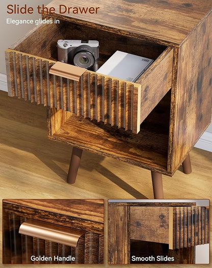 YMYNY Mid Century Modern Nightstand, Side Table, Fluted Night Stand with Drawer, Open Shelf Unit, Golden Handle, Solid Wood Legs, Bedside Table, for Bedroom, Rustic Brown UHST013H