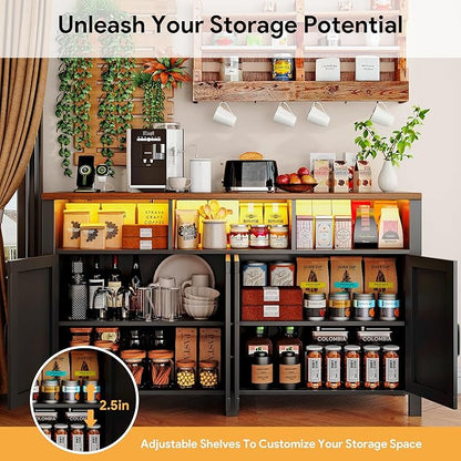 Buffet Sideboard with Storage with Power Outlets & LED Light 4 Doors, 55'' Large Farmhouse Kitchen Storage Cabinet Wood Coffee Bar Cabinet Buffet Table for Kitchen, Dining Room, Entryway