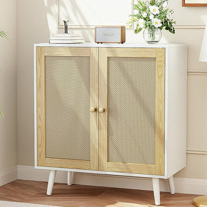 Rattan Storage Cabinet, Small Sideboard Buffets Storage Cabinet with Doors for Kitchen & Entryway Storage, White
