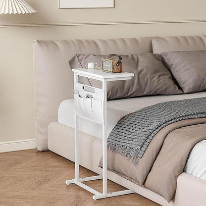 C Shaped End Table, Side Table for Sofa, Small TV Tray, Couch Table with Storage Bag for Small Space, Living Room, Bedroom, Home Office LET501W (White)