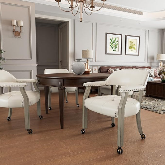 LEEMTORIG Large Dining Chairs with Casters and Arms, Rolling Dining Chairs with Wheels, Accent Game Poker Table Chairs, Solid Wood Office Chairs, 26“Dx25.2 Wx31.5“H, Grey Legs & Ivory PU SY-1318-WT