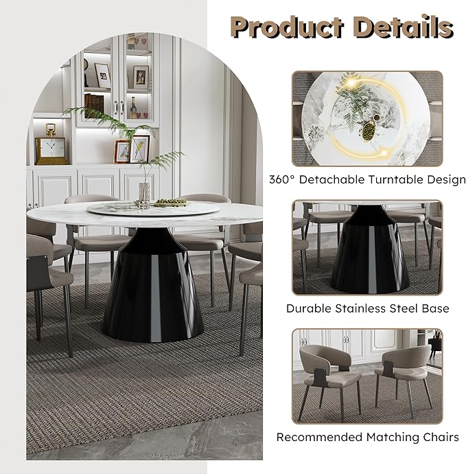 Ball & Cast 9-Piece Dining Set,Faux Marble Table with Detachable Rotating Tray & 8 PU Leather Chairs,Modern Kitchen Dining Room Table Set w/Stainless Steel Base,for Restaurant & Home,Grey