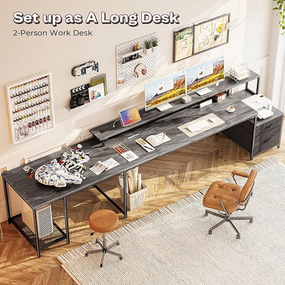 PRAISUN 66 Inch L Shaped Computer Desk with Power Outlets and LED Lights, Home Office Desk with Fabric Drawers and Print Stand, L Shape or Long Set up, Monitor Stand, Mesh CPU Stand, Grey