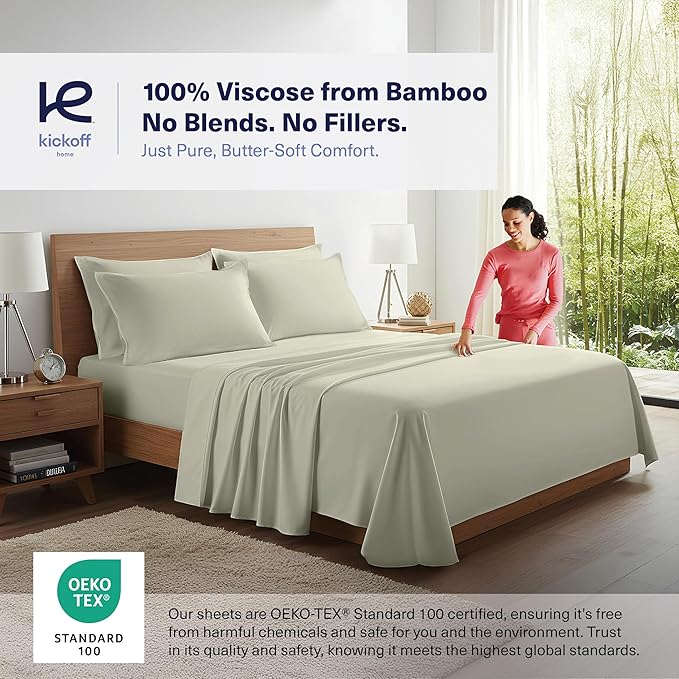 Kickoff Viscose Bamboo Sheets King Size 4-pc 100% Organic Bamboo Viscose Bed Cooling Sheets King Size Set Cool Bedding for hot Sleepers Sheet, Flat, Fitted, Pillowcases (Soft Sage,K)