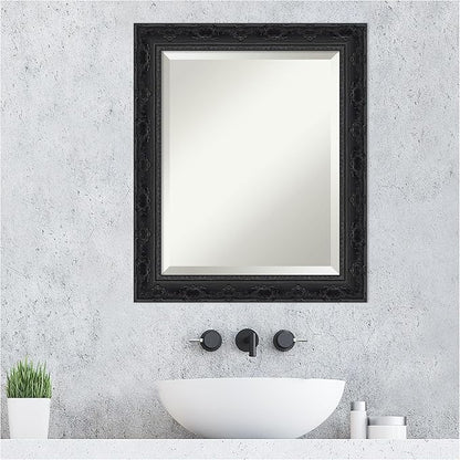 Amanti Art Bathroom Mirror for Over Sink, 25x21 Filigree Gloss Black Rectangle Vanity Mirror, Small Traditional Frame, Hangs Horizonally and Vertically, Bathroom Wall Decor, Beveled Edge