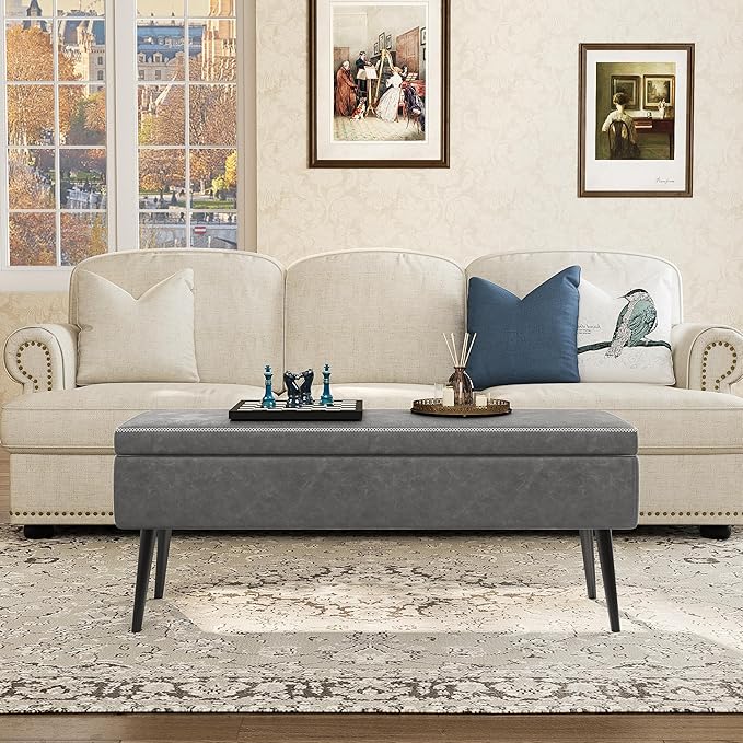 GarveeHome Storage Ottoman Bench, Mid-Century Modern Entryway Bedroom Bench, Synthetic Leather with Stitching, Safety Hinges, Loads 680 Lb, Grey