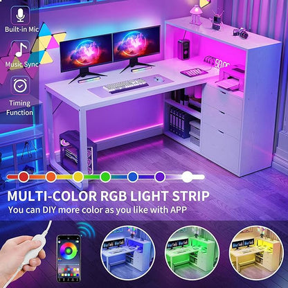 DWVO L Shaped Desk with Drawers, 55" Corner Computer Desk with Bookshelf & Power Outlets & LED Lights, Home Office Desk with Storage Shelves, White