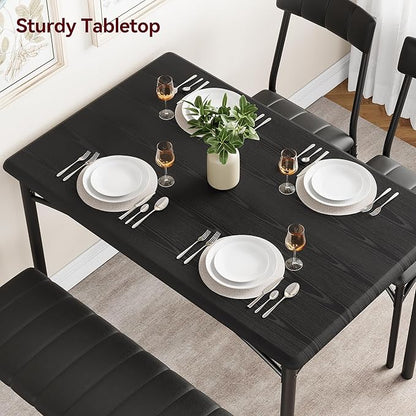 GarveeHome Dining Table Set for 4, Kitchen Table with Upholstered Chairs and Bench, Wood Rectangular Dining Table and Chairs Set for Small Space, Apartment, Dinner, Rustic Black