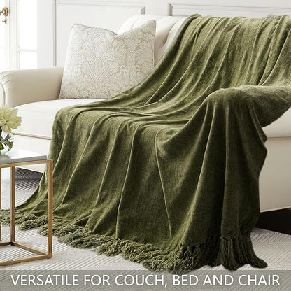 Chenille Throw Blanket for Couch 50"X 60", Soft Cozy Throws with Fringe Tassel for Bed Sofa Chair Cover, Lightweight Knitted Decorative Boho Blankets for Living Room, Olive Green