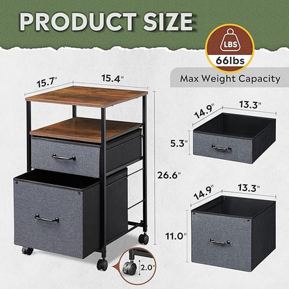 DEVAISE 2 Drawer Mobile File Cabinet, Rolling Printer Stand with Open Storage Shelf, Fabric Vertical Filing Cabinet fits A4 or Letter Size for Home Office, Rustic Brown