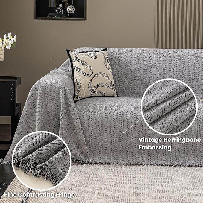 Nobildonna Sofa Cover Washable Soft Thicken Chenille Couch Cover with Tassel,Waterproof Sofa Slipcovers for 2 Cushion Couch,Loveseat,Futon Couch Furniture Protector Pet-Friendly,Gray 71"x102"