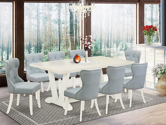 East West Furniture V027SI215-9 9 Piece Kitchen Table Set Includes a Rectangle Dining Table with V-Legs and 8 Baby Blue Linen Fabric Parson Dining Room Chairs, 40x72 Inch, Multi-Color