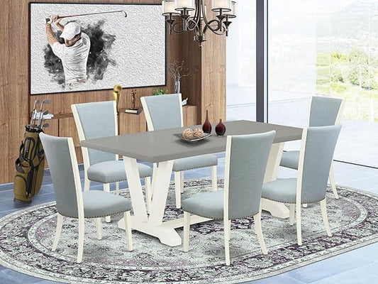 East West Furniture V097VE215-7 7 Piece Dining Table Set Consist of a Rectangle Dining Room Table with V-Legs and 6 Baby Blue Linen Fabric Upholstered Chairs, 40x72 Inch, Multi-Color