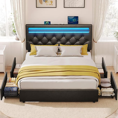 Rolanstar Queen Bed Frame with 4 Storage Drawers and Charging Station, Queen Bed with Led Lights, 2 USB & 1 Type C, Adjustable Headboard 38.9/40.8 Inches, No Box Spring Needed, Black