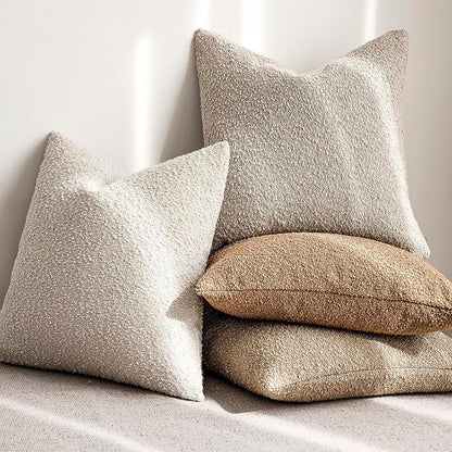 Foindtower Set of 2, Decorative Textured Boucle Throw Pillow Covers Accent Solid Pillow Cases Neutral Cozy Couch Cushion Case for Chair Sofa Bedroom Living Room Home Decor 26 x 26 Inch Ivory Beige