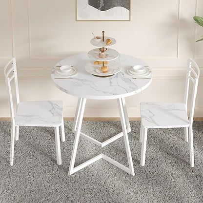 VECELO Small Round Dining Table Set for 2, Wood Tabletop with Strong Metal Frame, Modern Dinette with Chairs for Kitchen, Breakfast Nook Living Room, Faux Marbled & White
