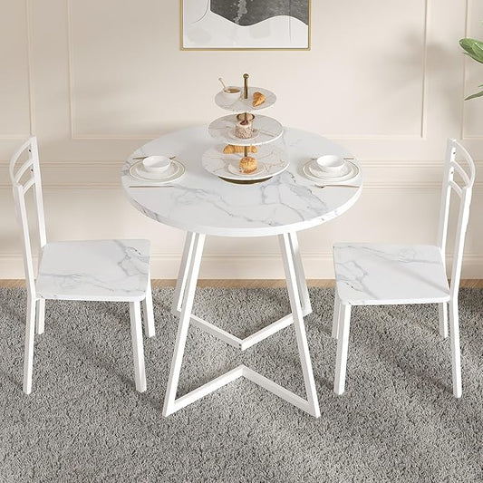 VECELO Small Round Dining Table Set for 2, Wood Tabletop with Strong Metal Frame, Modern Dinette with Chairs for Kitchen, Breakfast Nook Living Room, Faux Marbled & White