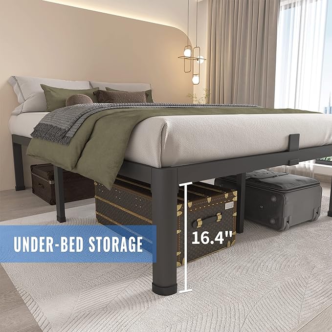 MAF 18 Inch Full Size Bed Frame with Round Corner Legs Mattress Slide Stopper No Box Spring Needed Heavy Duty Metal Platform Bed Frames Under-Bed Storage Space, 3000 LBS Steel Slats Support
