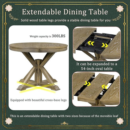 SogesPower 5-Piece Round Farmhouse Retro Dining Table Set for 4, Space-Saving Kitchen Table Set with Extendable Table and 4 Upholstered Chairs for Dining Room Living Room,Natural Wood