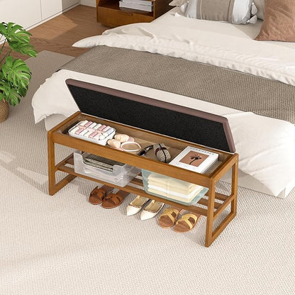 Shoe Storage Bench with Cushion - 2-Tier Shoe Rack Entryway Bench with Flip-Top Storage, Walnut Wooden Shoes Benches Organizer for Entryway, Hallway, Living Room, Bedroom, Closet(Walnut, 39.4" W)