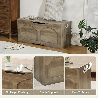 Storage Chest Bench, 31.5" Retro Storage Trunk Chest, Entryway Bench Supports 330 lb, Upgraded Safety Lift Support Hinge, Entryway Bench, U-Shaped Opening for Entryway Living Room, Greige