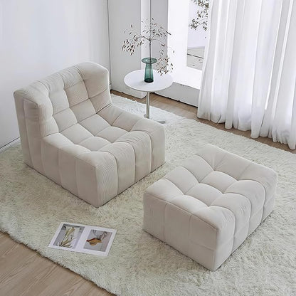 Bean Bag Chair - Memory Foam Bean Bag Chair for Adults, Comfy High-Resilience Single Sofa, Small Space Floor Chair, Chaise Lounge for Living Room, Bedroom (Beige, Square + Ottoman)