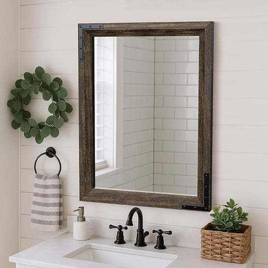 YOSHOOT Farmhouse Bathroom Mirror, Rustic Wooden Framed Mirror, Wood Vanity Mirror, Solid Wood & Handmade, Vertical or Horizontal Hanging for Bathroom Entryway Living Room Bedroom, 48" x 30", Brown