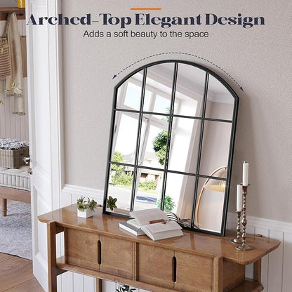 Wide Window Pane Mirror, 28" x 32" Black Arched Mirror for Wall, Large Grid Wall Mirrors for Living Room Bedroom Farmhouse Fireplace Hallway Entryway