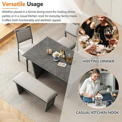 Merax 6-Piece Retro Dining Set, 1 Rectangular Table with Stable Trapezoidal Table Base and 4 Upholstered Chairs and 1 Bench for Dining Room and Kitchen, Antique Gray