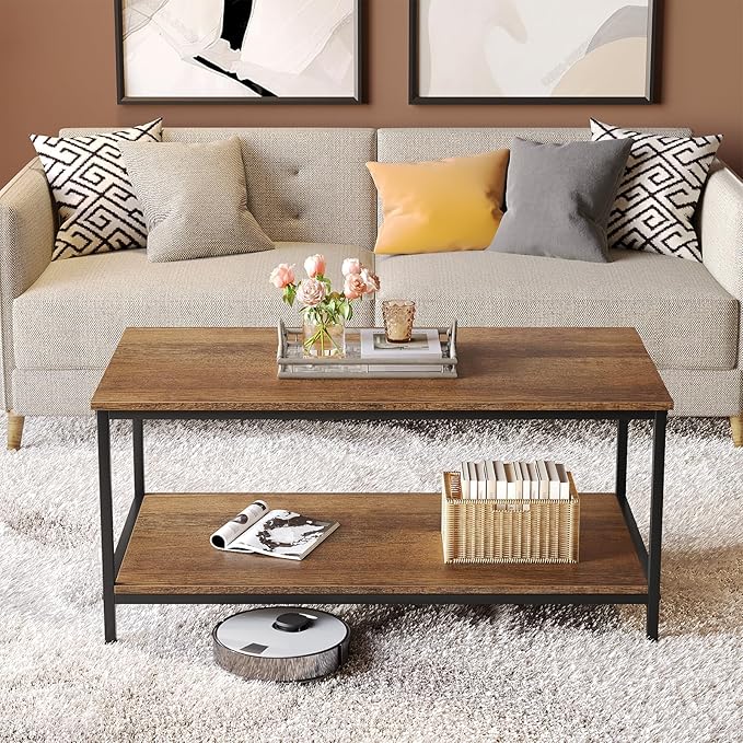 SAYGOER Coffee Table with Storage 2-Tier Industrial Center Table for Living Room, Rectangle Wood Table for Small Spaces Apartment Home Office, Walnut