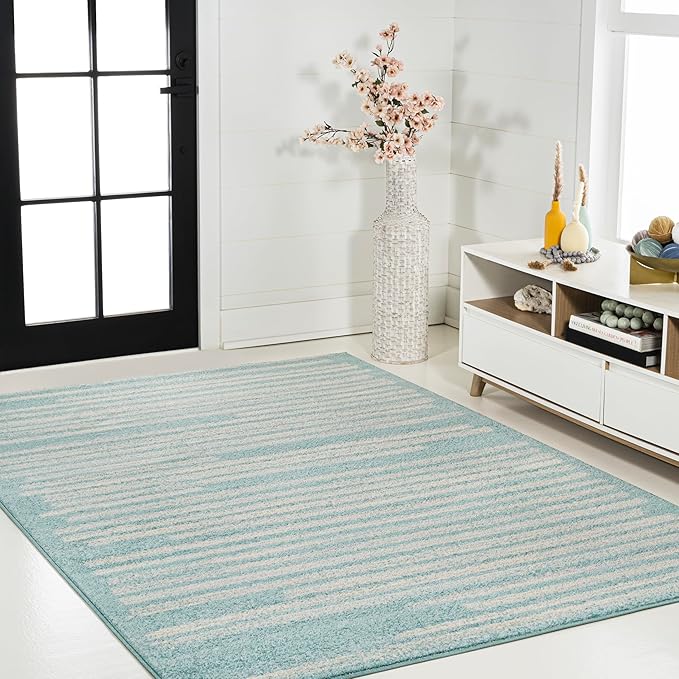 JONATHAN Y Khalil Modern Berber Stripe Turquoise/Cream Indoor Area Rug, 8x10, Contemporary, Bohemian, Easy-Cleaning for Living Room, Bedroom, Kitchen, Pet Friendly, Non-Shedding (MOH207D-8)