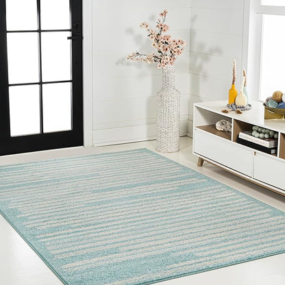 JONATHAN Y Khalil Modern Berber Stripe Turquoise/Cream Indoor Area Rug, 8x10, Contemporary, Bohemian, Easy-Cleaning for Living Room, Bedroom, Kitchen, Pet Friendly, Non-Shedding (MOH207D-8)